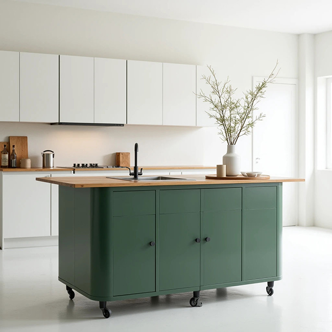 Đảo bếp di động màu xanh lá cây với mặt bàn gỗ và bánh xe