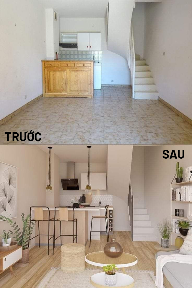 Cải tạo không gian nhỏ thành bếp và phòng khách hiện đại, dùng sàn gỗ sáng.