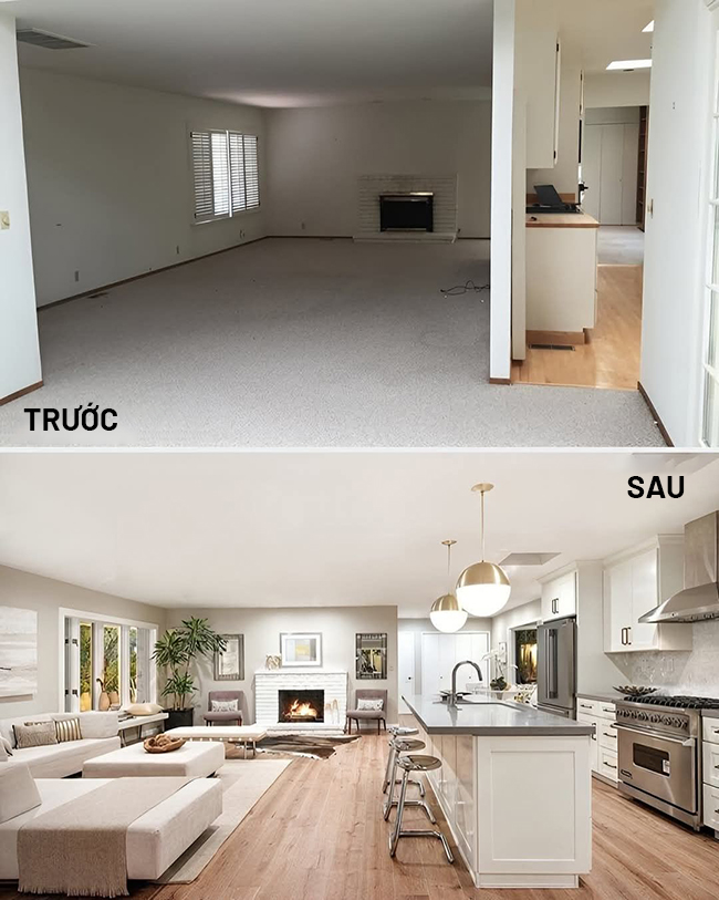 Cải tạo phòng khách thành khu vực bếp và phòng khách mở, tông màu sáng.
