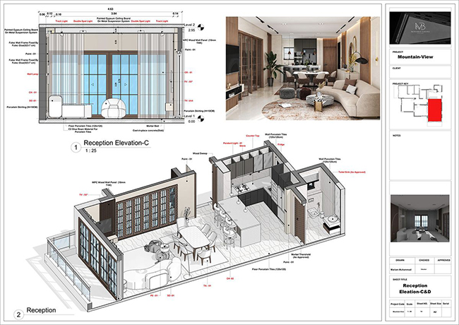 Bản vẽ kỹ thuật 3D chi tiết khu vực tiếp khách và bếp hiện đại.