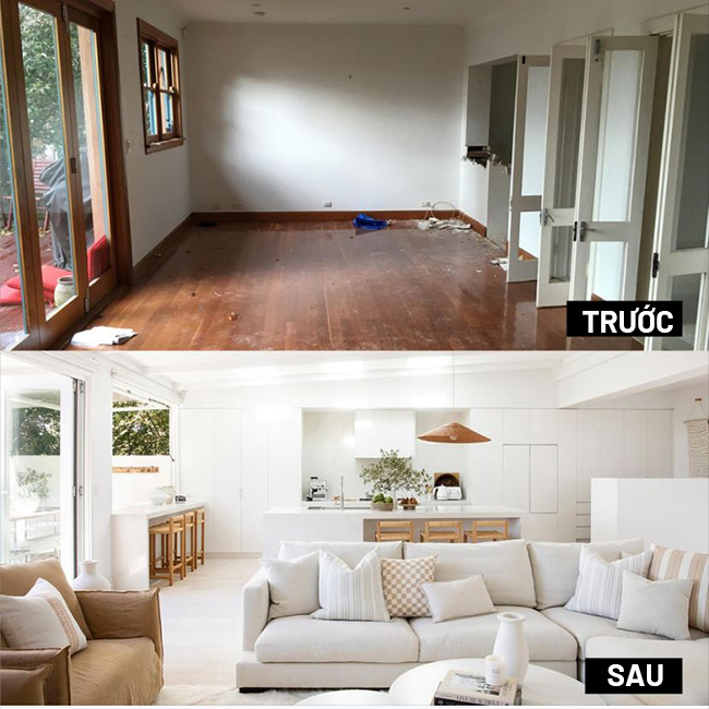 Thay đổi phòng cũ thành phòng khách và bếp mở, phong cách hiện đại màu trắng.