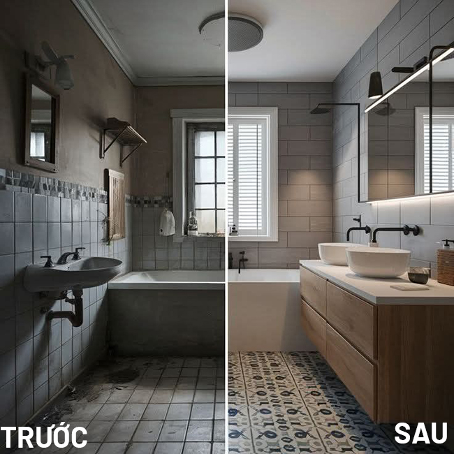 So sánh phòng tắm cũ và phòng tắm mới hiện đại với tủ gỗ và hai chậu rửa