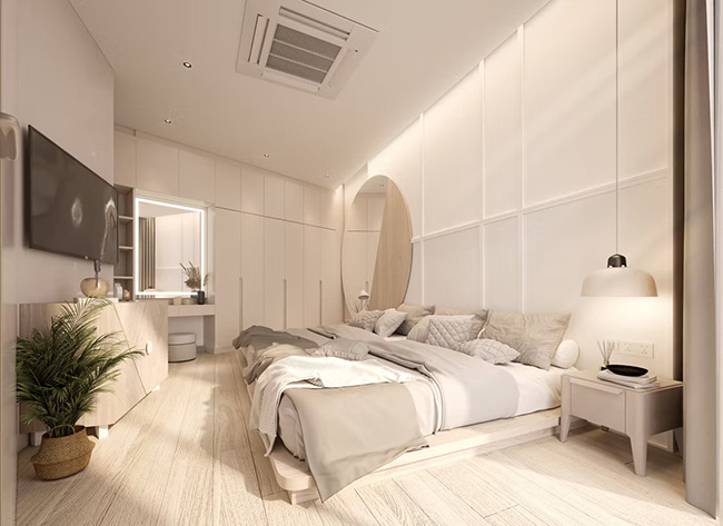 Tường và nội thất màu trắng sáng làm không gian trở nên thoáng đãng