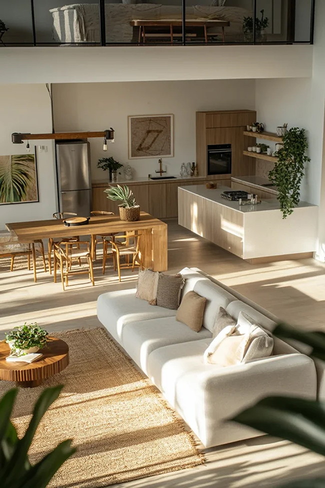 Thiết kế liên thông bếp, phòng khách và phòng ăn tạo sự rộng rãi, thoáng đãng và tăng tương tác gia đình